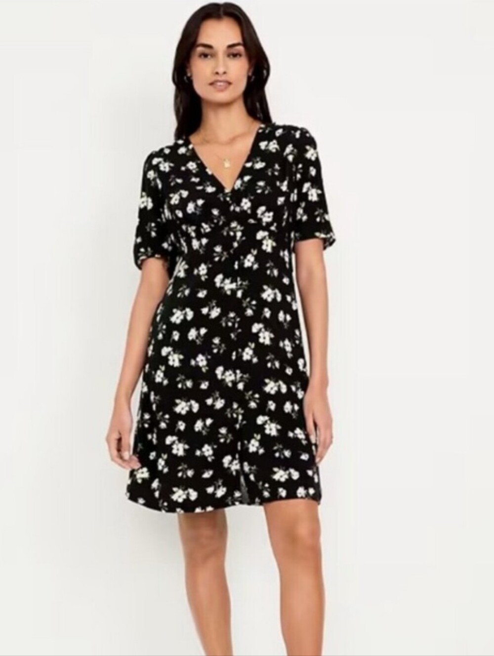 NWT Old Navy Floral Crepe Dress Short Sleeve Button Up Rayon Black White LG Tall